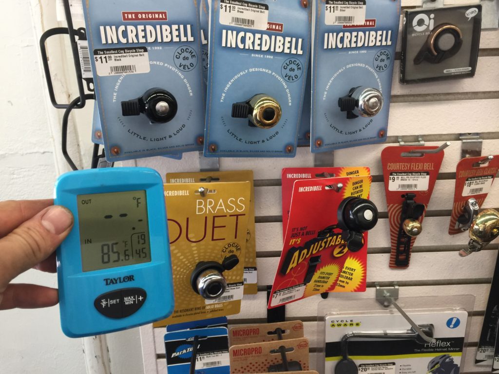 Thermometer in front of bike bells